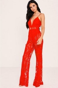 C1074 Migugarment Ingrosso 2025 Nuova Moda <span class=keywords><strong>Tuta</strong></span> Lunga <span class=keywords><strong>in</strong></span> <span class=keywords><strong>Pizzo</strong></span> Rosso di Marca Celebre, Design <span class=keywords><strong>in</strong></span> Rete Rossa Disponibile - Product Image 3