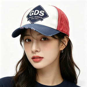 Vintage Washed Sporty Baseball Cap Red White Blue Color Block GDS Logo <b>Dad</b> <b>Hat</b> Distressed Common Fabric for Men Women - Product Image 1