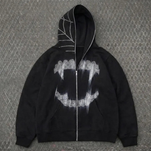 Felpa con Zip Unisex <span class=keywords><strong>Spider</strong></span> in Cotone 100% 300 Grammi, Stile Vintage con Effetto Invecchiato e Strass, Streetwear - Product Image 3