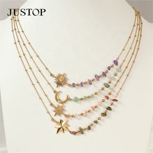 Pendentif tendance en forme de lune, perles de cristal en pierre naturelle, chaîne à maillons en acier inoxydable plaqué or 18 carats, cadeau pour femme, bijoux - Product Image 1