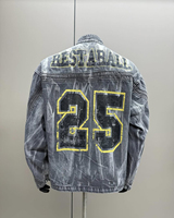 Veste en jean délavé sur mesure pour homme, style moto, vintage, effet usé, streetwear, avec broderie