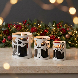 Porte-bougies votifs faits à la main, durables, avec motif en croix découpé, en métal blanc, 3 tailles, pour la décoration de Noël à la maison - Product Image 2
