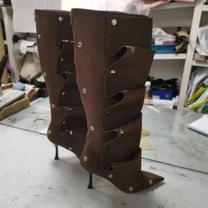 New Arrival Western Botas Alto 7.5CM Thin Heel Studded Decorated Denim Wide Calf Mujer <b>Boots</b> for Women - Product Image 6