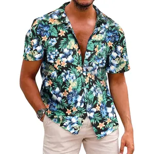新款夏季贴牌纯棉编织碎花男士搭配派对夏威夷沙滩服装衬衫