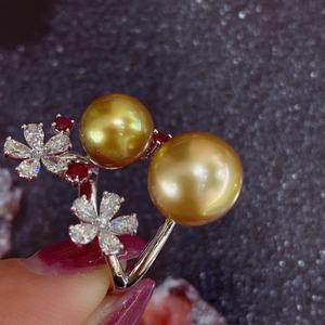 Bague en argent pur S925 avec double perle naturelle dorée, 8-12 mm, ronde, sans défaut, design élégant, sertie - Product Image 4