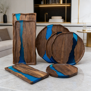 Nouveau grand plateau de rangement décoratif multifonctionnel en bois d'acacia et résine époxy <span class=keywords><strong>pour</strong></span> charcuterie et fromages personnalisés - Product Image 2