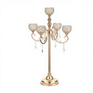 Nouvelle collection de luxe pour la maison LHC-7054, candélabre en métal, décoration de mariage, centre de table, laiton doré, perles de diamant, 5 bras - Product Image 1
