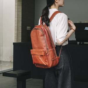 Genuine Leather <b>Backpack</b> <b>Brown</b> Unisex Laptop <b>Backpack</b> Commuter Travel Bag Solid Color Shoulder Strap Winter 2023 - Product Image 2