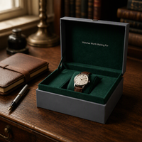 Boîte cadeau de luxe en carton rigide pour montre avec insert en velours vert et coussin pour montre, boîte d'emballage de montre au toucher soyeux mat