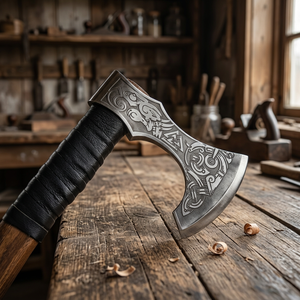 Hacha Vikinga Hecha a Mano con Hoja Grabada y Mango de Madera Envuelto en Cuero para Uso en Supervivencia - Product Image 4