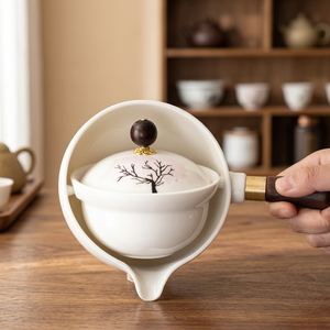 Chinese Classic Smart <b>Tea</b> Pot with Lid Easy <b>Infusion</b> Porcelain Automatic Flip Design Wooden Handle Eco-Friendly Microwave Safe - Product Image 3