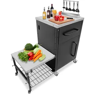 JH-Mech Grill Dining Cart with Durable Wheels and Wire Basket Three-Shelf Outdoor Easy to Move Metal Mobile Grill Cart