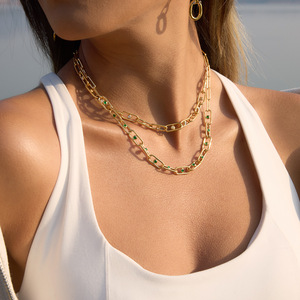 Collar de Cadenas Finas de Acero Inoxidable 18K con Engaste de Bisel de Diamantes de Imitación Geométricos, Joyería para Uso Diario y Ocio - Product Image 2