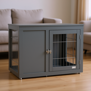 Cage pour chien d'intérieur style meuble, grise, à double porte, pour petits et moyens chiens, niche pour animaux de compagnie, table d'appoint rectangulaire en métal - Product Image 2