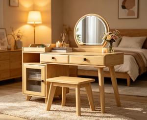 Tocador de maquillaje escandinavo de madera maciza de abedul con espejo y taburete, mesa de tocador para dormitorio con cajones de almacenamiento - Product Image 3