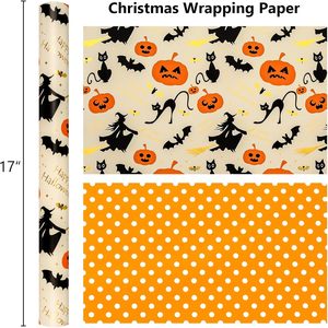 Papel de regalo de Halloween con estampados de calabaza, gato negro y bruja voladora, impresión a doble cara, personalizable - Product Image 2
