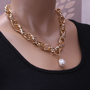 Collier de perles baroque rétro européen et américain, chaîne en or et argent, pendentif imitation perle, accessoire de mode - Product Image 3