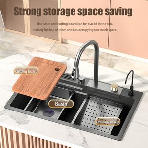 Évier de cuisine carré noir en acier inoxydable à montage sous plan, avec robinet cascade à trois trous et design nid d'abeille bionique - Product Image 3