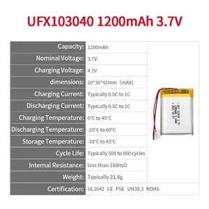 แบตเตอรี่แบบชาร์จ UFX 103040 3.7V 1200mAh สําหรับผู้กําจัดสิวหัวดําจากผู้ผลิตแบตเตอรี่จีนมืออาชีพ