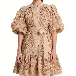 เดรสยาวปานกลางประดับดอกกุหลาบ 3 มิติสำหรับผู้หญิง - เดรสออกงานทรงพองแขนยาวพร้อมเข็มขัด แฟชั่น - Product Image 2