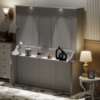 Cama Murphy Moderna con Escritorio, Estantería y Gabinete, Tamaño Queen, Mecanismo de Resorte a Gas, Escritorio LED Combinado, Ahorro de Espacio, Oficina en Casa, Habitación para Invitados