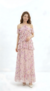 Robe longue florale rose personnalisée pour femme, épaules dénudées, manches à volants, superposée, pour soirée d'été, services OEM ODM, fourniture directe usine - Product Image 3