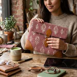 Funda para Tablet de Algodón y Cáñamo con Estampado a Mano Rosa, con Lazo de Cuero, Hecha a Mano, Venta al Por Mayor, Exportación de India - Product Image 5
