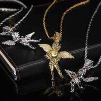 Collar con Colgante de Ángel RQ, Estilo Hip Hop, Diamantes de Imitación, Chapado en Oro Blanco y Plata Vintage, Colgante de Ángel Guardián
