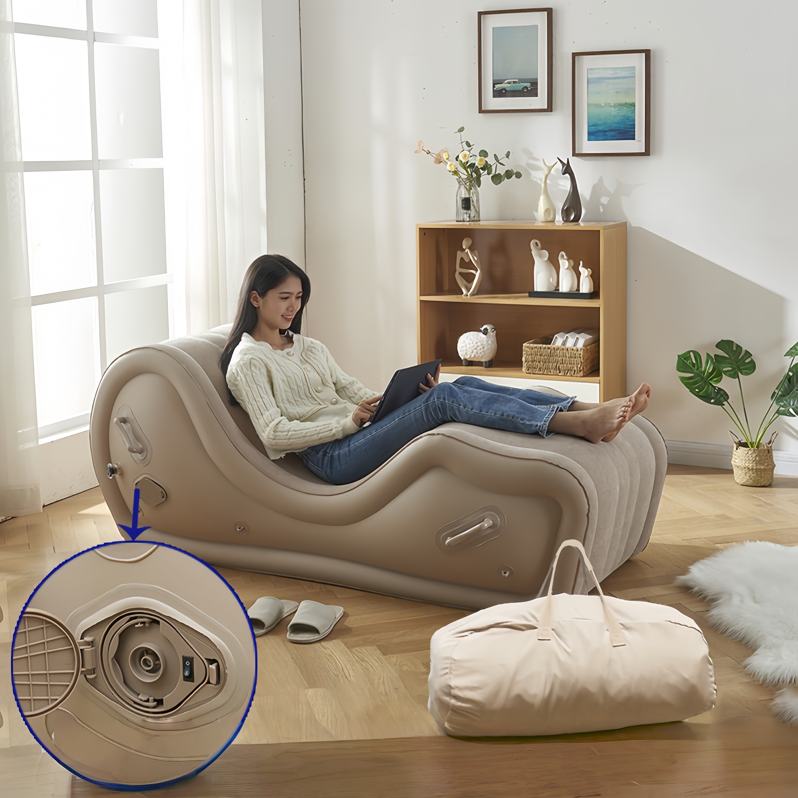 White sofa-Built-in air pump storage bag