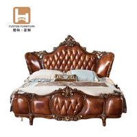 Lit à baldaquin européen antique Queen/King en similicuir rembourré marron, design affiche, cadre en bois, avec rangement, hypoallergénique, pour appartement