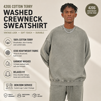 Sweat-shirt col rond épais 420 GSM, teint à la cire, effet vintage, couleur unie, pour hommes, vente en gros