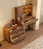 Coiffeuse en bois massif sur mesure avec miroir éclairé et commode, bureau de coiffeuse moderne et minimaliste pour chambre à coucher avec rangement intégré