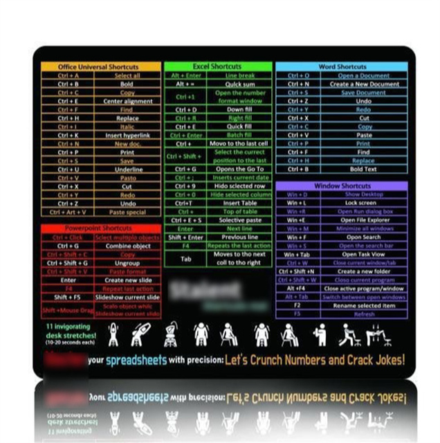Excel Shortcut Keys Mouse Pad Extended Cheat Sheet Gaming Mousepad