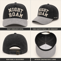 Casquette de baseball en daim 5 panneaux personnalisée avec logo, broderie 3D en relief, visière incurvée, bicolore noir-gris, pour le camping et la randonnée