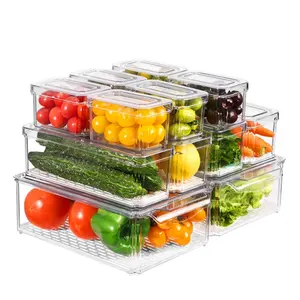 Jelas Stackable kulkas Organizer keranjang makanan kelas kulkas Organizer dengan tutup untuk organisasi dapur