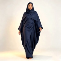 Abaya à taille froncée pour femme, manches chauve-souris, tenue modeste, vêtement islamique, longueur au sol, couvrance intégrale, bleu marine