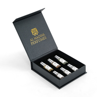 Boîte cadeau rigide magnétique personnalisée pour parfum, boîte grise texturée avec logo en feuille d'or pour les ensembles de mini-parfums arabes Oud Attar