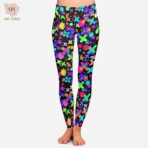 Women High yoga waist buttery soft 92% polyester 8% spandex Bright colorful crosses and paint print leggings for women