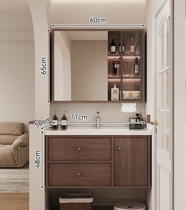 ชุดโต๊ะเครื่องแป้งห้องน้ำไม้วอลนัทดีไซน์โมเดิร์นกลางศตวรรษ พร้อมแผงประตูลายโครงกระดูก ที่จับลายทอง 2 ลิ้นชัก - Product Image 5