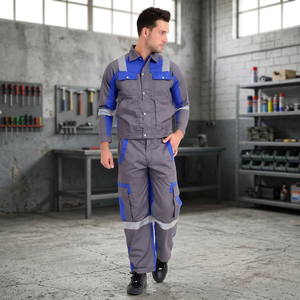<b>Men's</b> Reflective Work Uniform Set Grey Blue <b>Long</b> <b>Sleeve</b> <b>Shirt</b> Cargo Pants Safety Jacket - Product Image 4