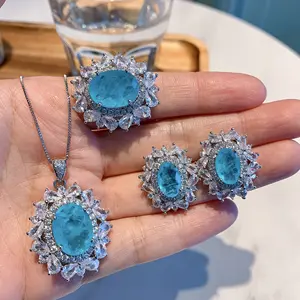 Anniversary Party Gift Hot Sale Ear Studs Jewelry Sets Retro Blue Crystal Ring Delicate Shine Round Flower Necklace for Women