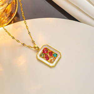 <strong>Color</strong> Zirconium Square Pendant Choker Bohemian Style Titanium Steel Clavicle <strong>Chain</strong> 18K Gold-Plated Necklace - Product Image 3