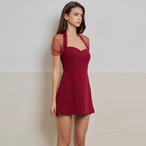 Abito nero da donna stile Hepburn francese, abito a fascia con inserti in rete trasparente, abito da festa elegante e snellente che modella la vita - Product Image 5