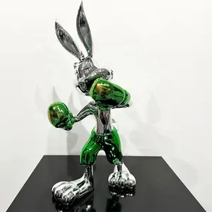 Kreatif populer dalam ruangan dekorasi seni kerajinan cermin Electroplating Resin Bunny Boxer patung