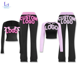 Huili ชุดกีฬาผ้าฝ้ายสองชิ้นสำหรับผู้หญิงกางเกงเล่นกีฬาบล็อกสีมีโลโก้ตามสั่ง - Product Image 1