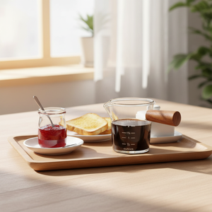 Tasse à mesurer pour café italien 75 <span class=keywords><strong>ml</strong></span> en <span class=keywords><strong>verre</strong></span> isolé avec deux becs verseurs, poignée en bois, pichet triple pour la cuisine, emballé dans une boîte - Product Image 5