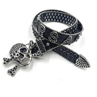 Ceinture unisexe tendance en alliage PU faite à la main avec boucle tête de mort en strass, style western cowboy et cowgirl, ornée de cristaux