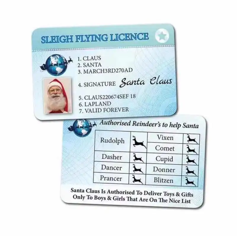 Santa patente di guida vigilia di natale sorpresa Santa Lost ID Card per la decorazione dell'albero di natale Santa slitta patente di guida