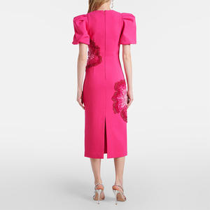 In Stock di pregio lavorazioni con paillettes a <span class=keywords><strong>fiori</strong></span> manica corta o collo a vita da donna per feste abito In tinta unita <span class=keywords><strong>Midi</strong></span> da donna - Product Image 2