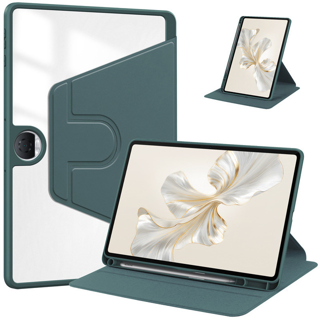 Honor Tablet 9 2024 Ultra-Thin Transparent TPU Silicon Protective Cover with Rotating Acrylic Back Shell Pen Slot Green Color
